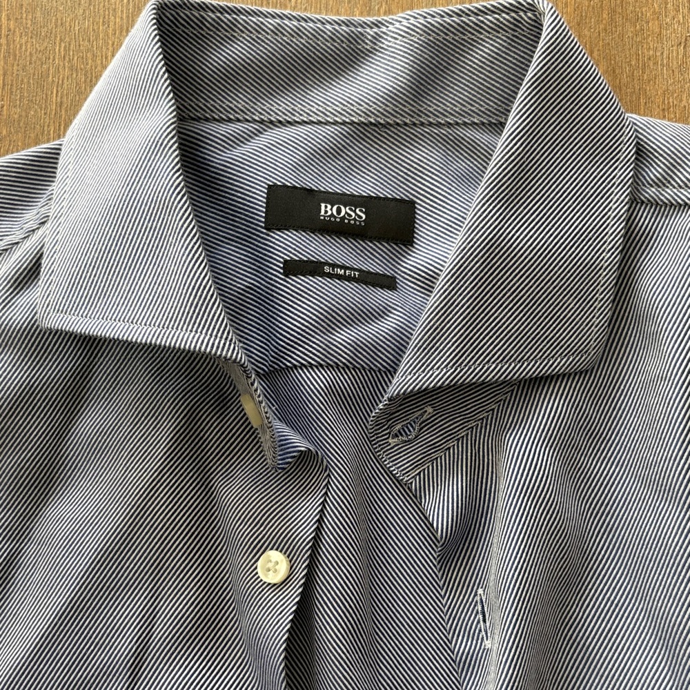 Boss Men's Slim Fit Pinstripe Dress Shirt in Navy and White